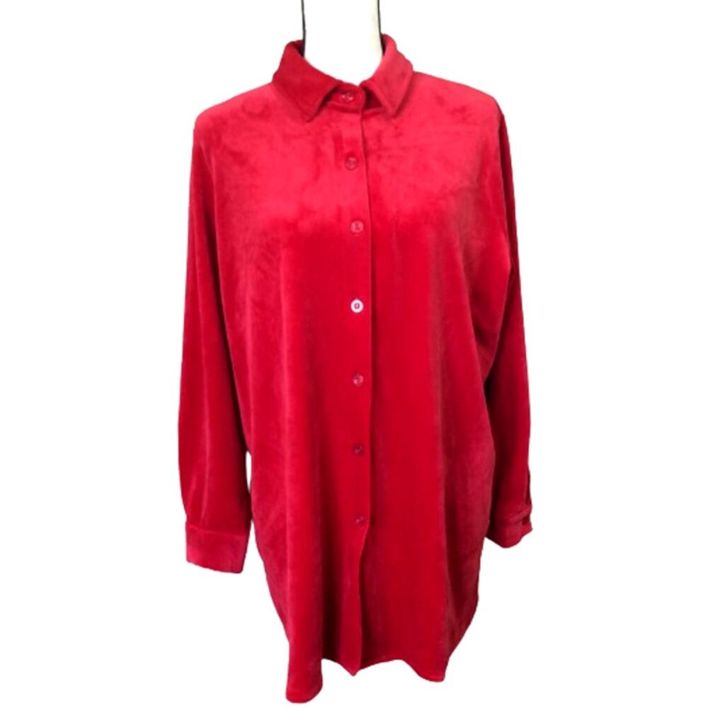 Woman Within Women's Velvet Velour Button Up Shirt Top Red Long Sleeves 14-16/M